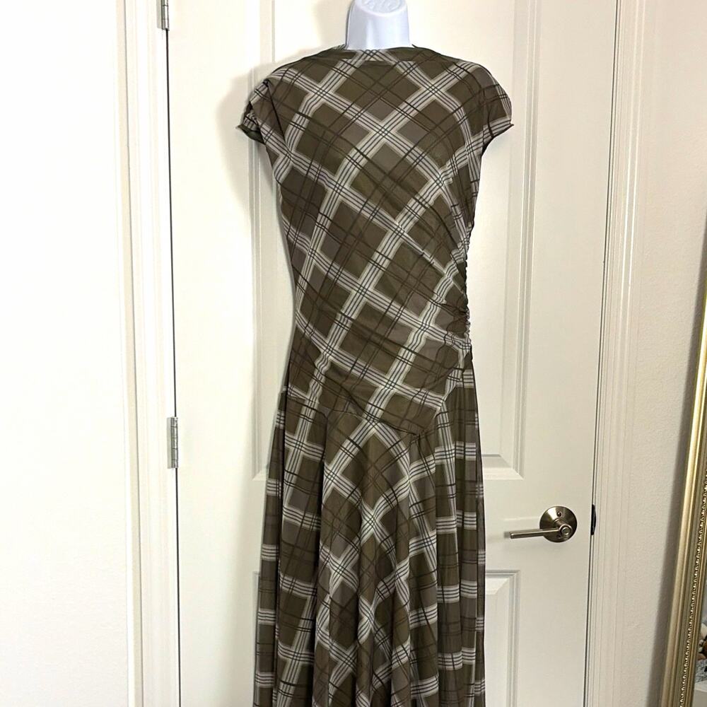 Green/White Plaid Ruched Fit & Flare Long Maxi Dress Cap Sleeve L Preppy